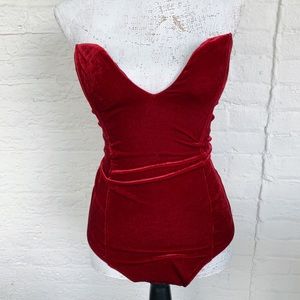 Red velvet padded lace up body suit